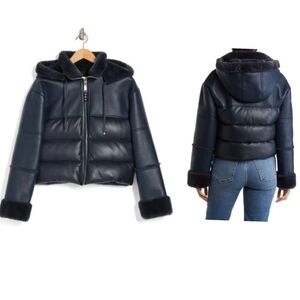 Rebecca Minkoff Dark Blue Puffer Jacket with Faux Fur NWT Size M